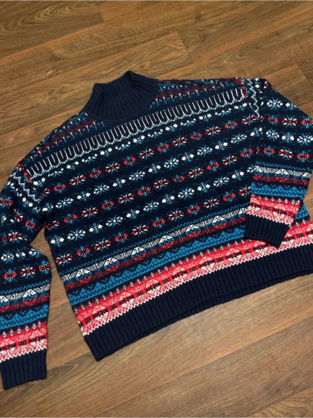 Loft Fair Isle Winter Theme Mock Neck Blue Sweater Large